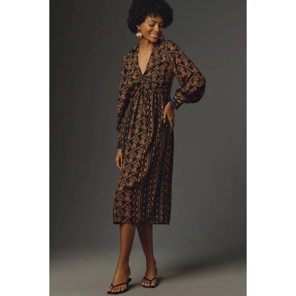 NWT Farm Rio Long-Sleeve V-Neck Printed Tie-Front Midi Dress